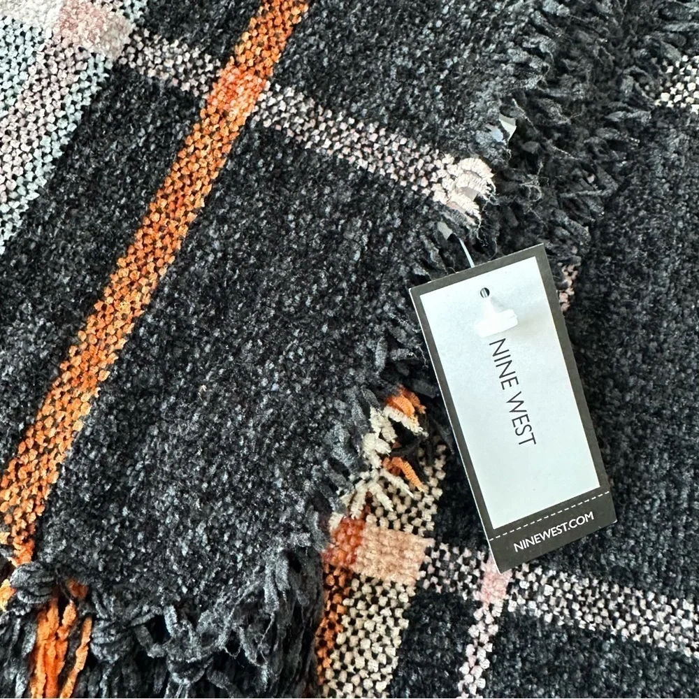 Nine West Cozy Black and Orange Oversized Fringed Scarf